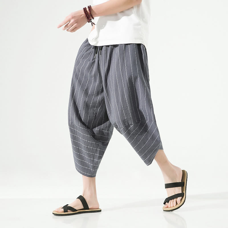 Casual Plain Stripes Pattern Drawstring Men's 7-8 Length Cotton Linen Harem Pants With Pockets