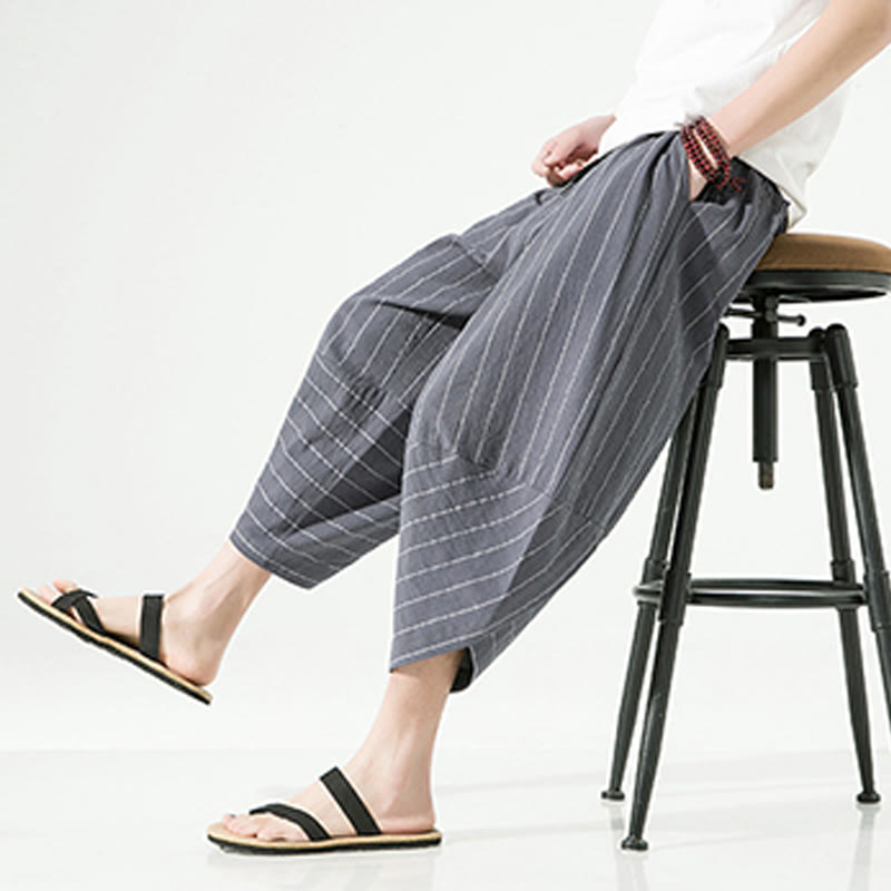 Casual Plain Stripes Pattern Drawstring Men's 7-8 Length Cotton Linen Harem Pants With Pockets