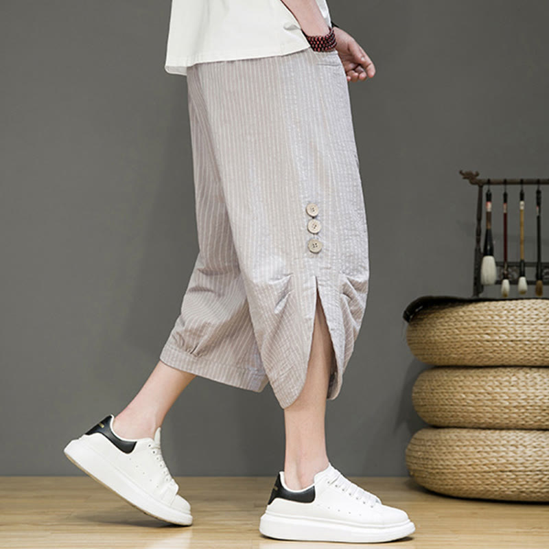 Casual White Stripes Pattern Drawstring Button Design Men's Cotton Cropped Harem Pants With Pockets