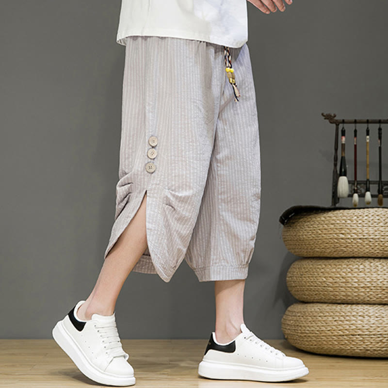 Casual White Stripes Pattern Drawstring Button Design Men's Cotton Cropped Harem Pants With Pockets