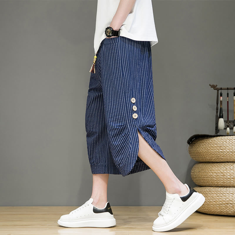 Casual White Stripes Pattern Drawstring Button Design Men's Cotton Cropped Harem Pants With Pockets