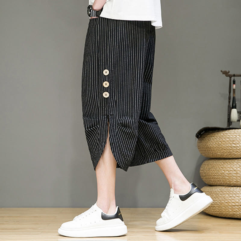 Casual White Stripes Pattern Drawstring Button Design Men's Cotton Cropped Harem Pants With Pockets