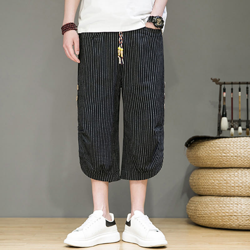 Casual White Stripes Pattern Drawstring Button Design Men's Cotton Cropped Harem Pants With Pockets