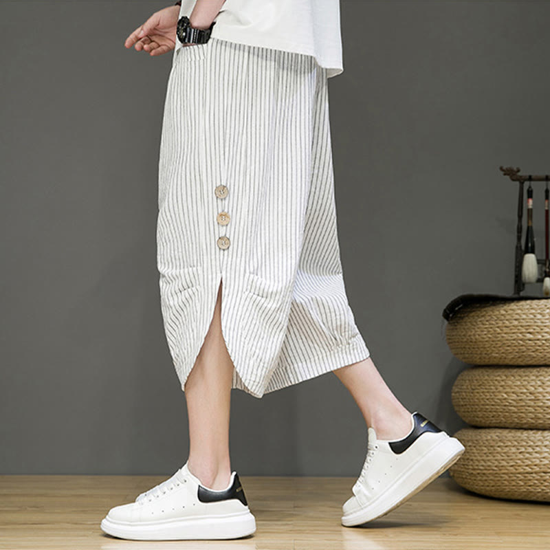 Casual White Stripes Pattern Drawstring Button Design Men's Cotton Cropped Harem Pants With Pockets