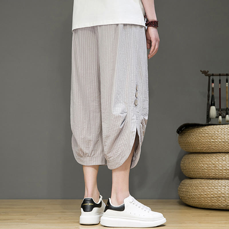 Casual White Stripes Pattern Drawstring Button Design Men's Cotton Cropped Harem Pants With Pockets