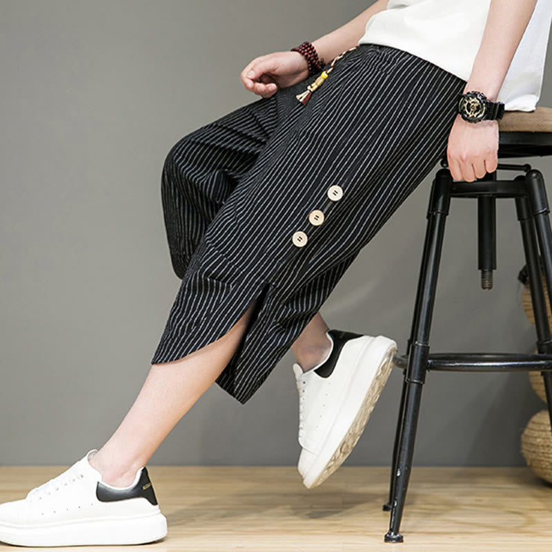 Casual White Stripes Pattern Drawstring Button Design Men's Cotton Cropped Harem Pants With Pockets