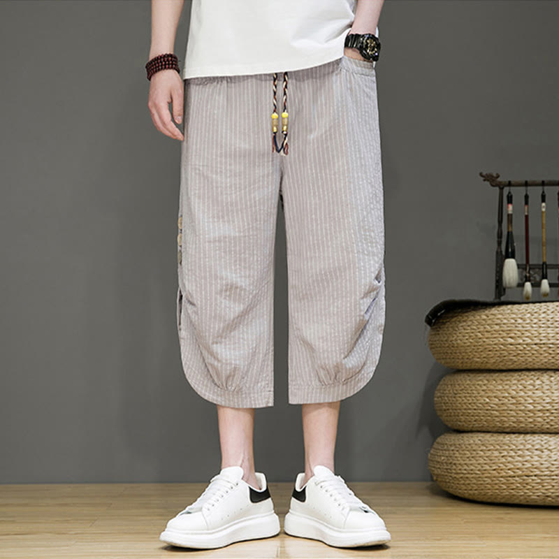 Casual White Stripes Pattern Drawstring Button Design Men's Cotton Cropped Harem Pants With Pockets