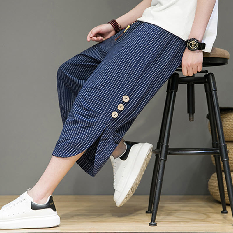 Casual White Stripes Pattern Drawstring Button Design Men's Cotton Cropped Harem Pants With Pockets