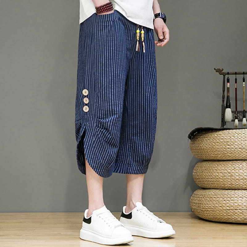 Casual White Stripes Pattern Drawstring Button Design Men's Cotton Cropped Harem Pants With Pockets