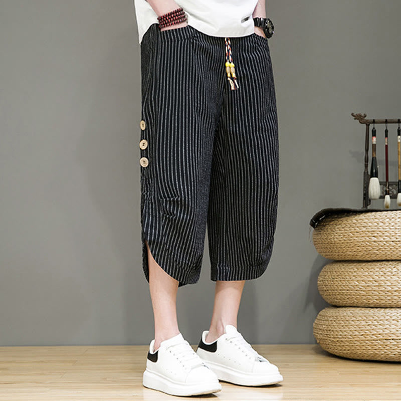 Casual White Stripes Pattern Drawstring Button Design Men's Cotton Cropped Harem Pants With Pockets