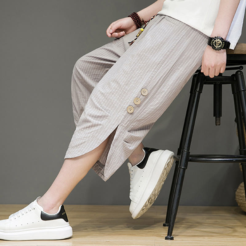 Casual White Stripes Pattern Drawstring Button Design Men's Cotton Cropped Harem Pants With Pockets