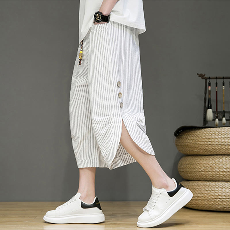 Casual White Stripes Pattern Drawstring Button Design Men's Cotton Cropped Harem Pants With Pockets