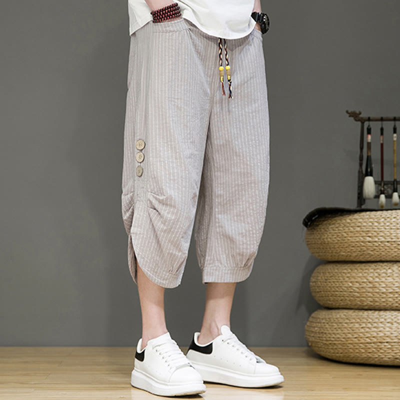 Casual White Stripes Pattern Drawstring Button Design Men's Cotton Cropped Harem Pants With Pockets