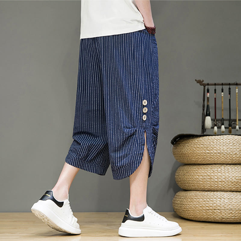 Casual White Stripes Pattern Drawstring Button Design Men's Cotton Cropped Harem Pants With Pockets