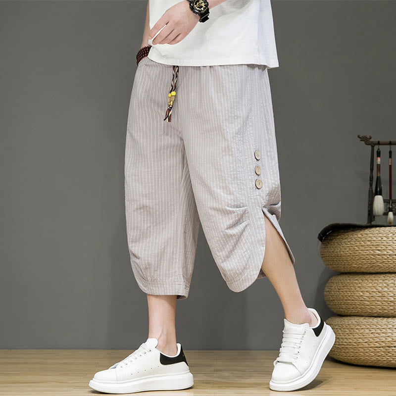 Casual White Stripes Pattern Drawstring Button Design Men's Cotton Cropped Harem Pants With Pockets
