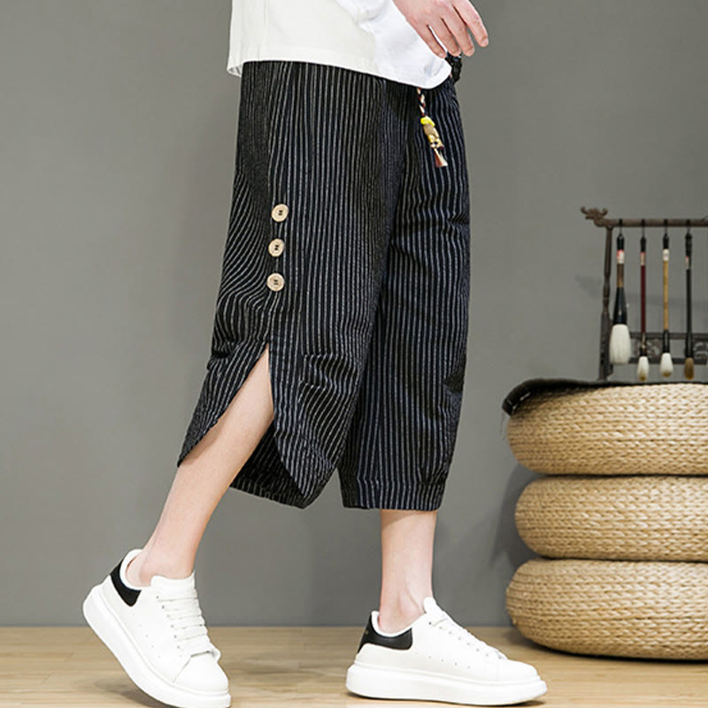 Casual White Stripes Pattern Drawstring Button Design Men's Cotton Cropped Harem Pants With Pockets