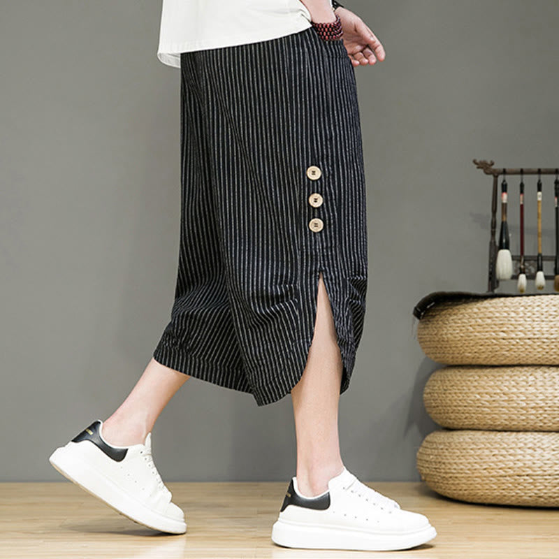 Casual White Stripes Pattern Drawstring Button Design Men's Cotton Cropped Harem Pants With Pockets