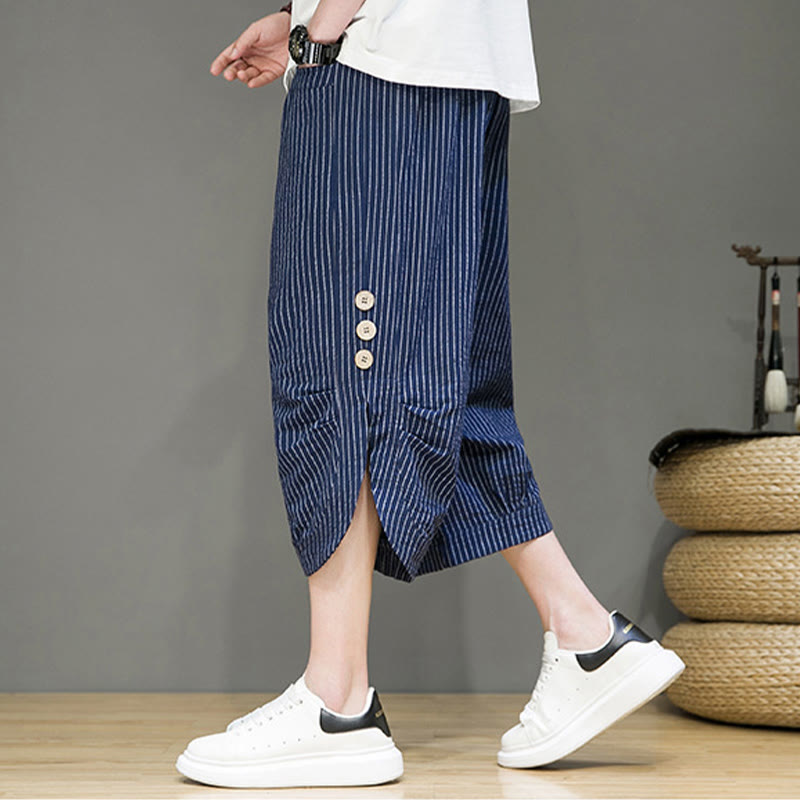 Casual White Stripes Pattern Drawstring Button Design Men's Cotton Cropped Harem Pants With Pockets