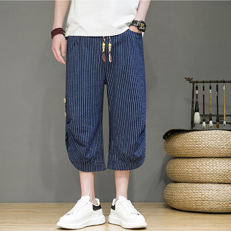 Casual White Stripes Pattern Drawstring Button Design Men's Cotton Cropped Harem Pants With Pockets