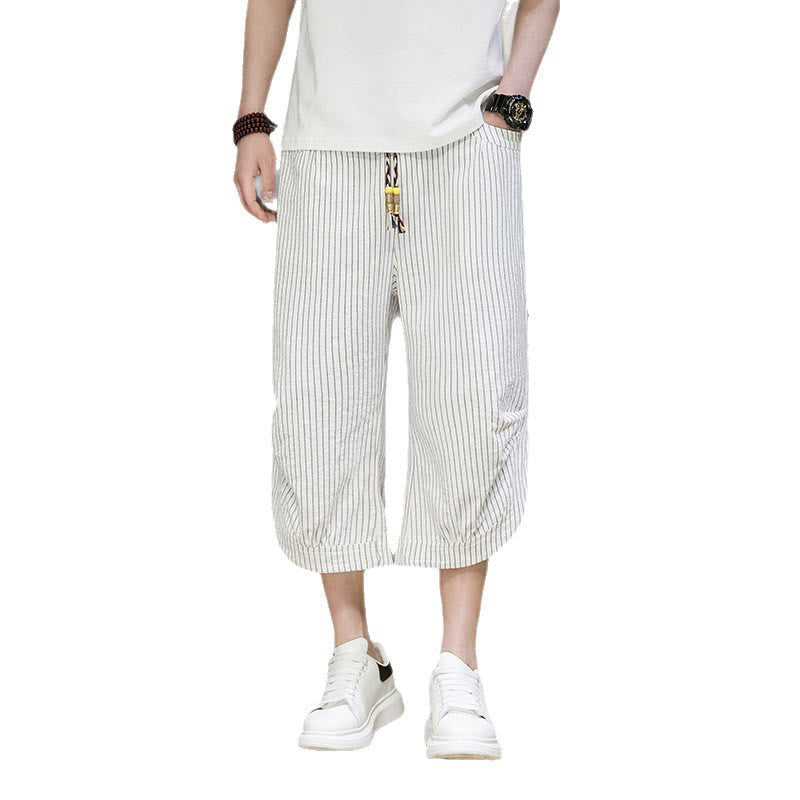 Casual White Stripes Pattern Drawstring Button Design Men's Cotton Cropped Harem Pants With Pockets