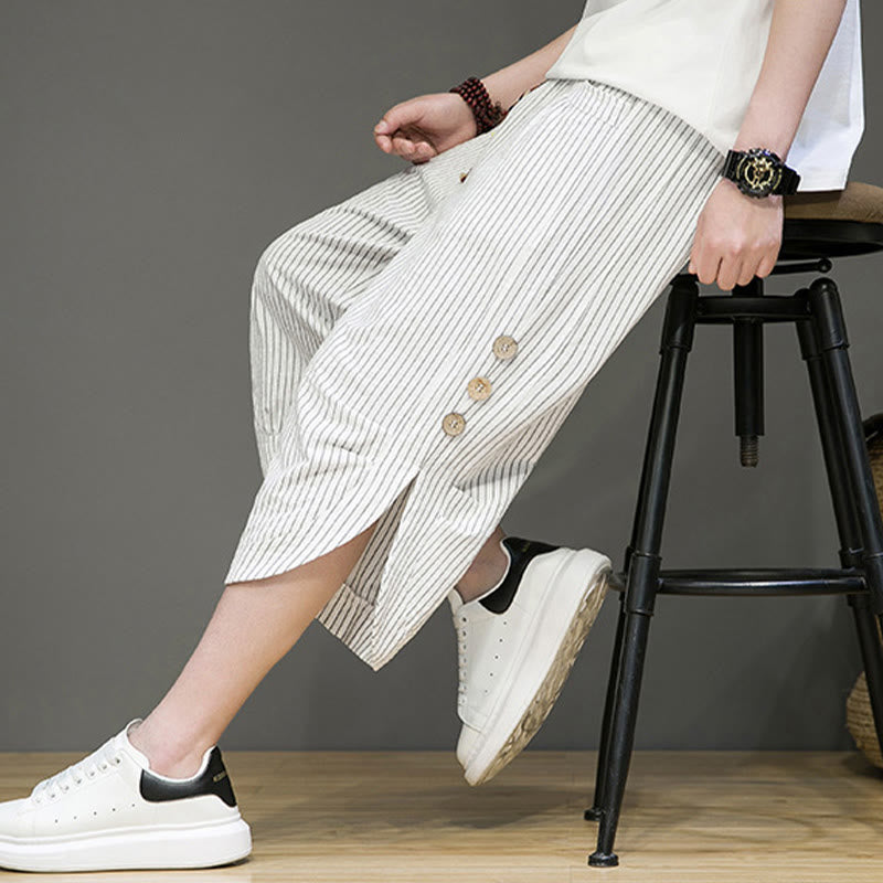 Casual White Stripes Pattern Drawstring Button Design Men's Cotton Cropped Harem Pants With Pockets