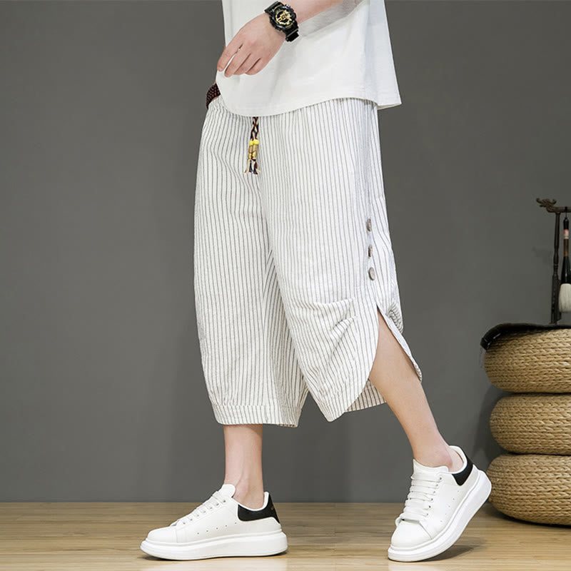 Casual White Stripes Pattern Drawstring Button Design Men's Cotton Cropped Harem Pants With Pockets
