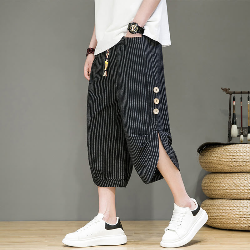 Casual White Stripes Pattern Drawstring Button Design Men's Cotton Cropped Harem Pants With Pockets
