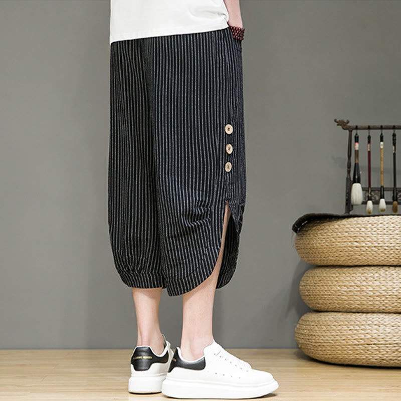 Casual White Stripes Pattern Drawstring Button Design Men's Cotton Cropped Harem Pants With Pockets