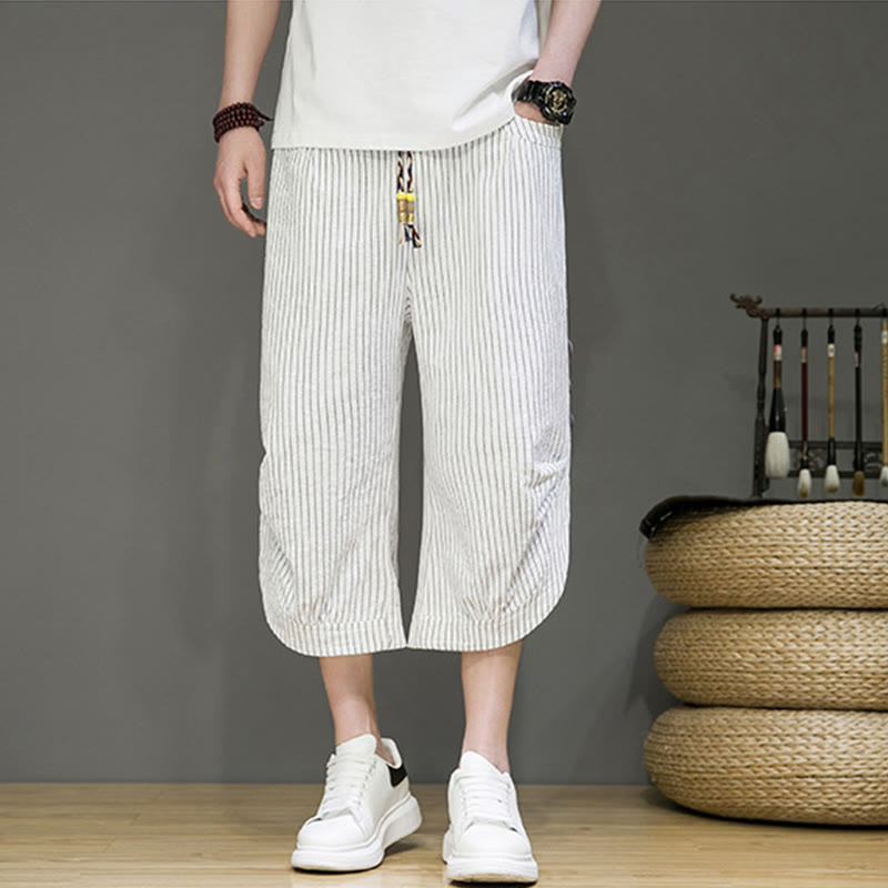Casual White Stripes Pattern Drawstring Button Design Men's Cotton Cropped Harem Pants With Pockets