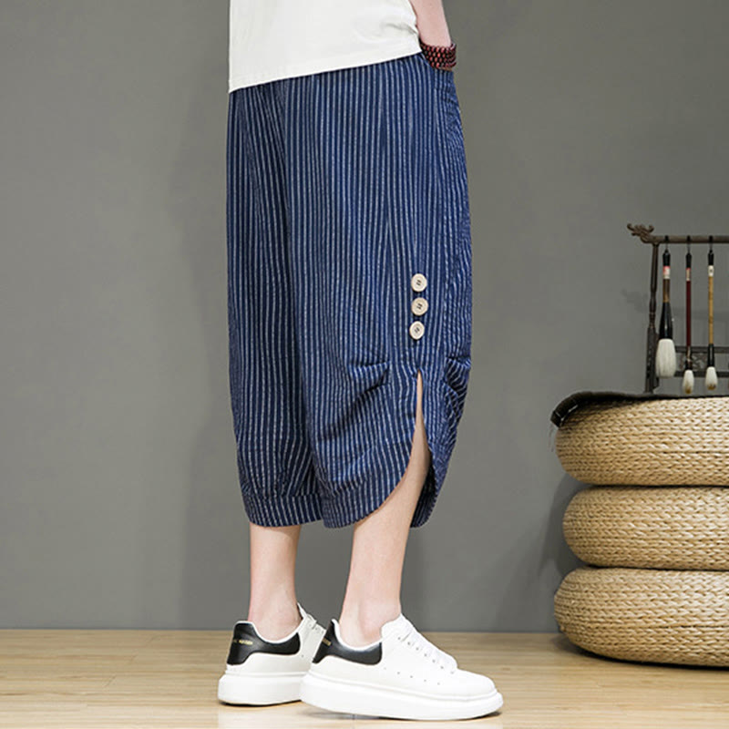 Casual White Stripes Pattern Drawstring Button Design Men's Cotton Cropped Harem Pants With Pockets