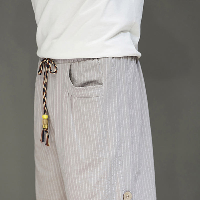 Casual White Stripes Pattern Drawstring Button Design Men's Cotton Cropped Harem Pants With Pockets