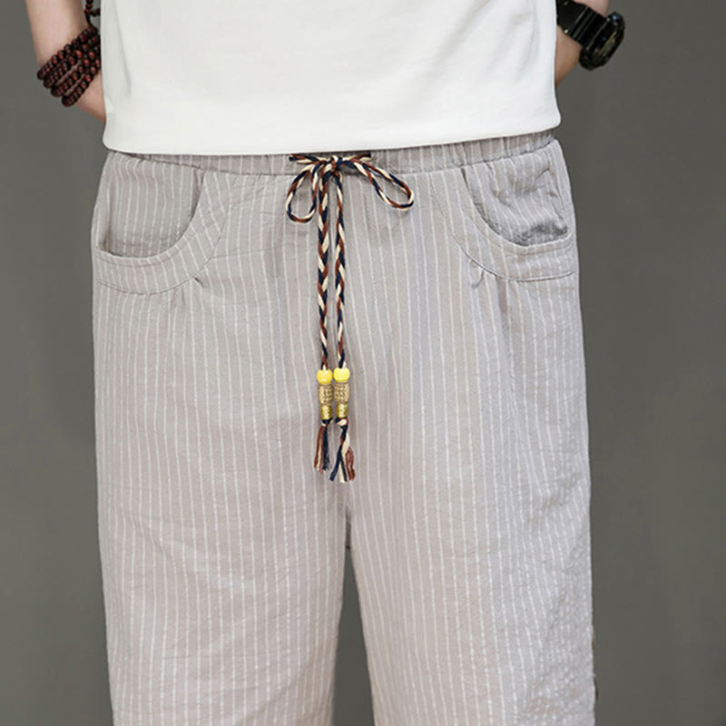 Casual White Stripes Pattern Drawstring Button Design Men's Cotton Cropped Harem Pants With Pockets