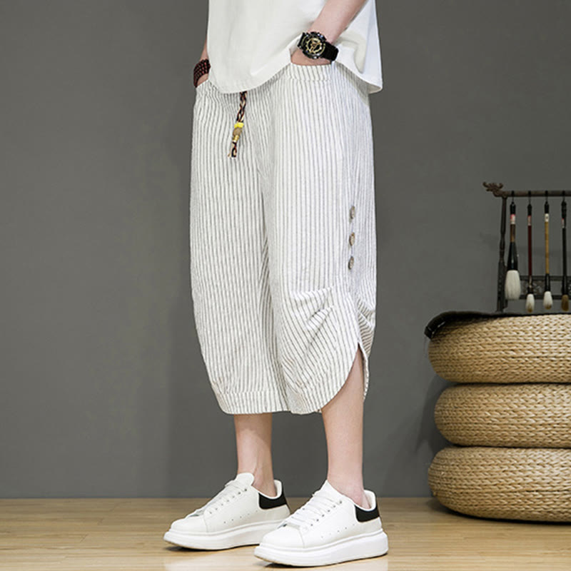 Casual White Stripes Pattern Drawstring Button Design Men's Cotton Cropped Harem Pants With Pockets