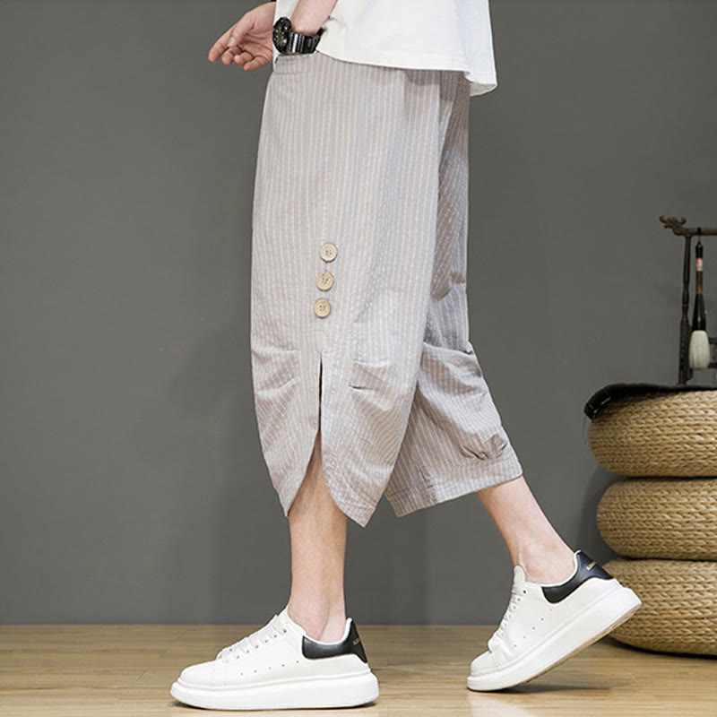 Casual White Stripes Pattern Drawstring Button Design Men's Cotton Cropped Harem Pants With Pockets