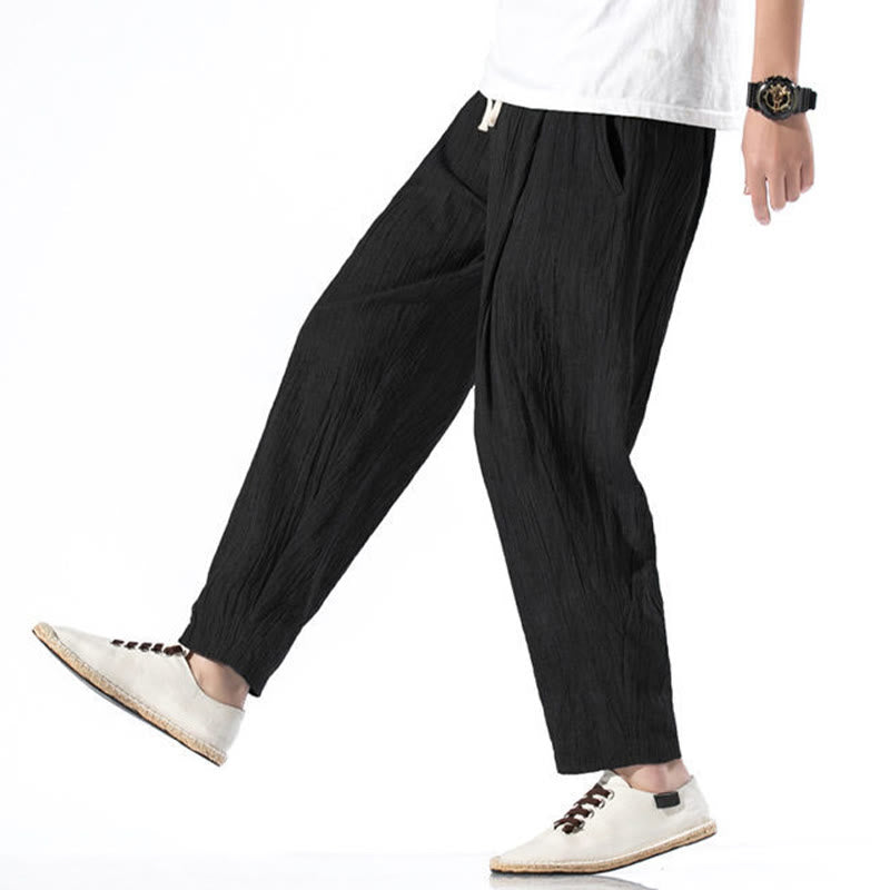 Casual Plain Pleated Design Drawstring Men's Long Cotton Linen Harem Pants With Pockets