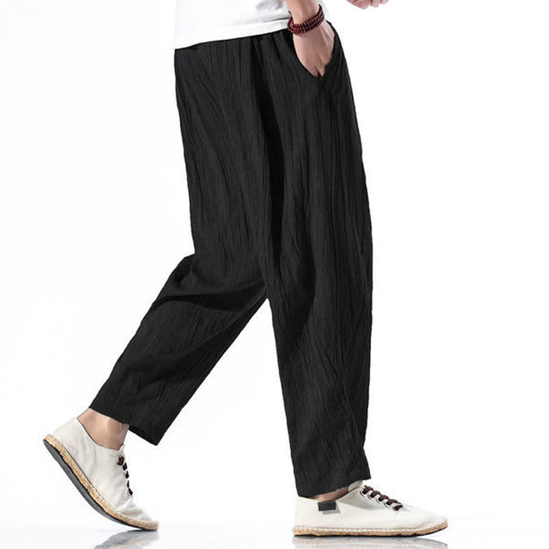 Casual Plain Pleated Design Drawstring Men's Long Cotton Linen Harem Pants With Pockets