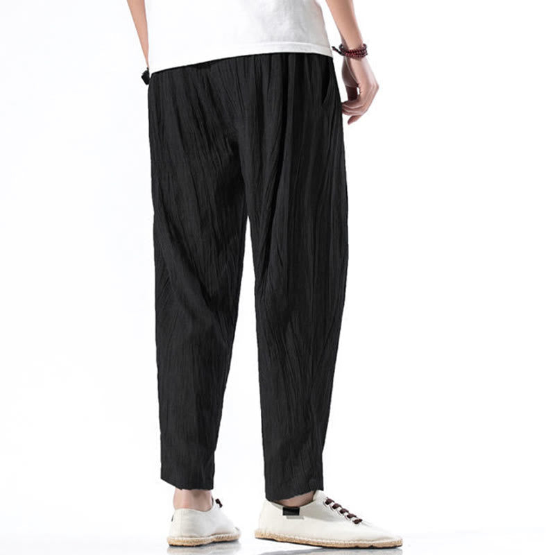 Casual Plain Pleated Design Drawstring Men's Long Cotton Linen Harem Pants With Pockets