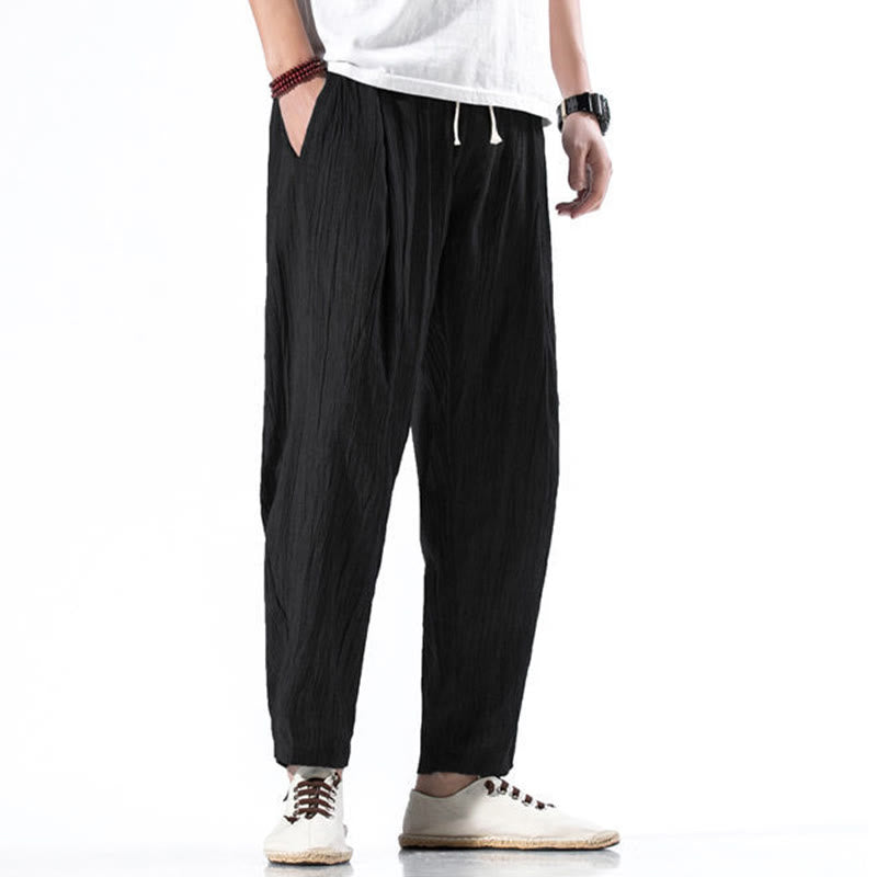 Casual Plain Pleated Design Drawstring Men's Long Cotton Linen Harem Pants With Pockets