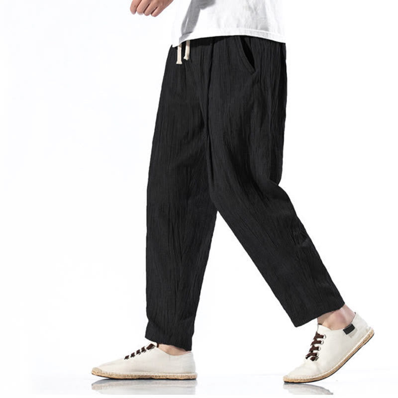 Casual Plain Pleated Design Drawstring Men's Long Cotton Linen Harem Pants With Pockets