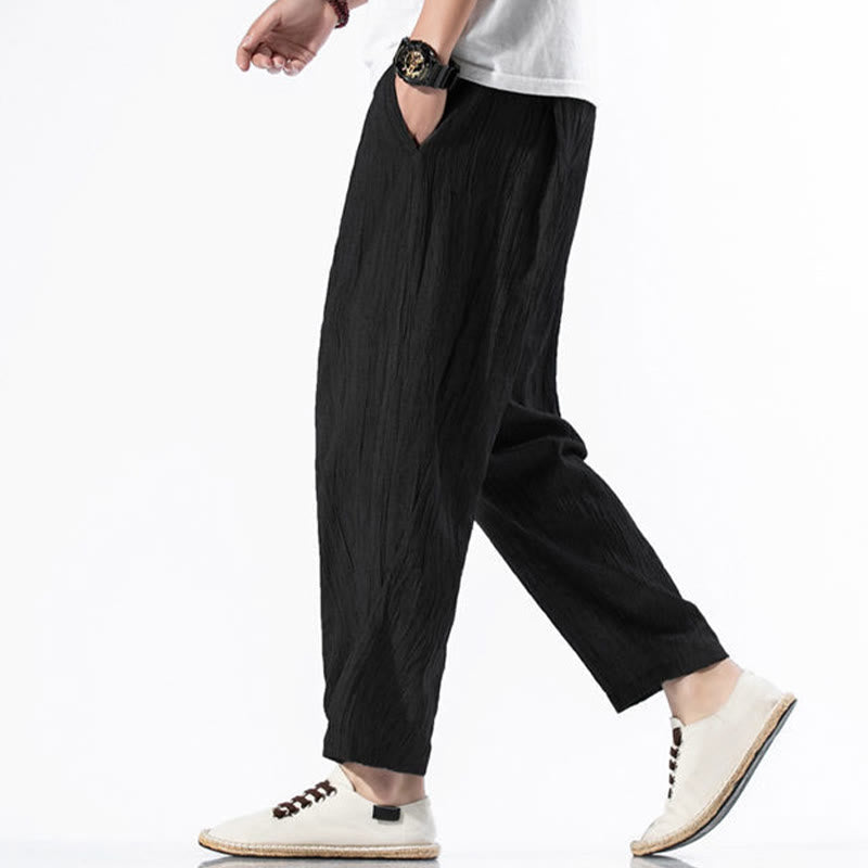 Casual Plain Pleated Design Drawstring Men's Long Cotton Linen Harem Pants With Pockets