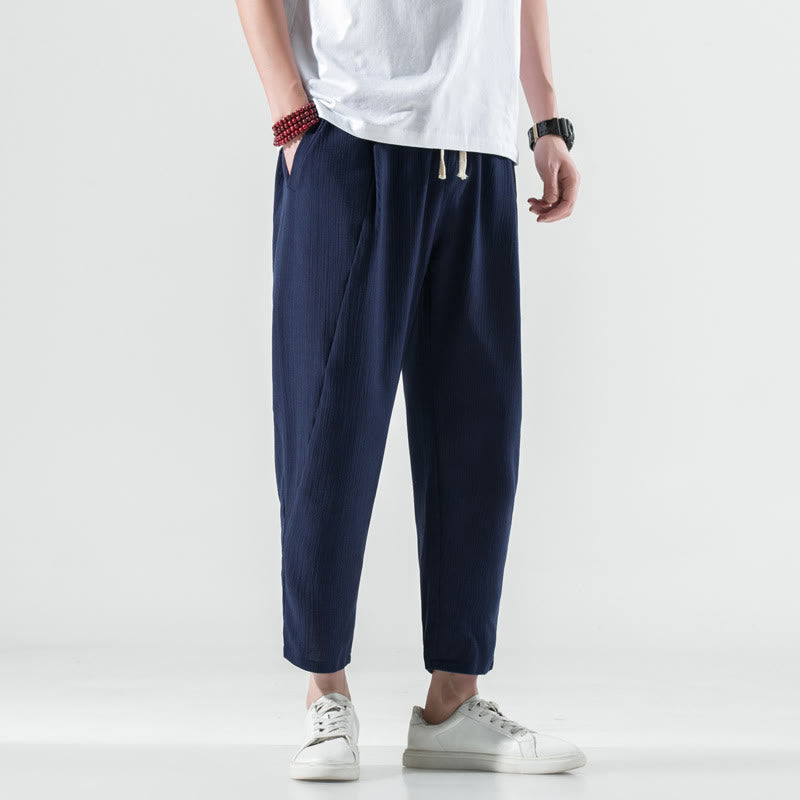 Casual Plain Pleated Design Drawstring Men's Long Cotton Linen Harem Pants With Pockets