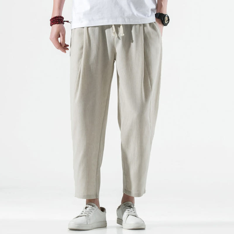 Casual Plain Pleated Design Drawstring Men's Long Cotton Linen Harem Pants With Pockets