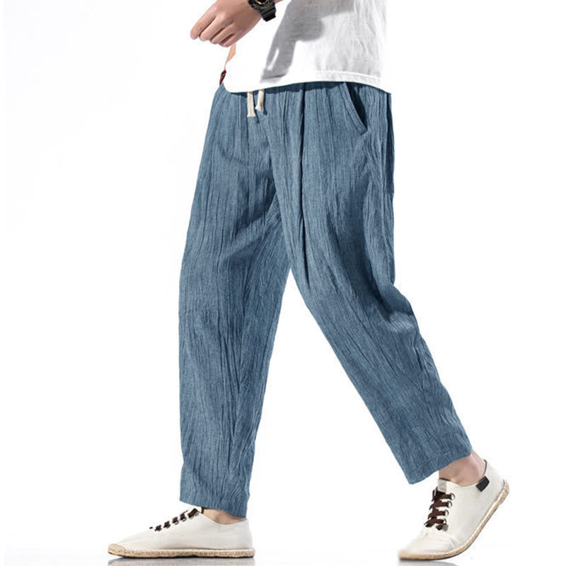 Casual Plain Pleated Design Drawstring Men's Long Cotton Linen Harem Pants With Pockets