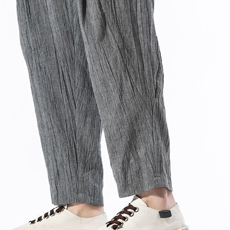 Casual Plain Pleated Design Drawstring Men's Long Cotton Linen Harem Pants With Pockets