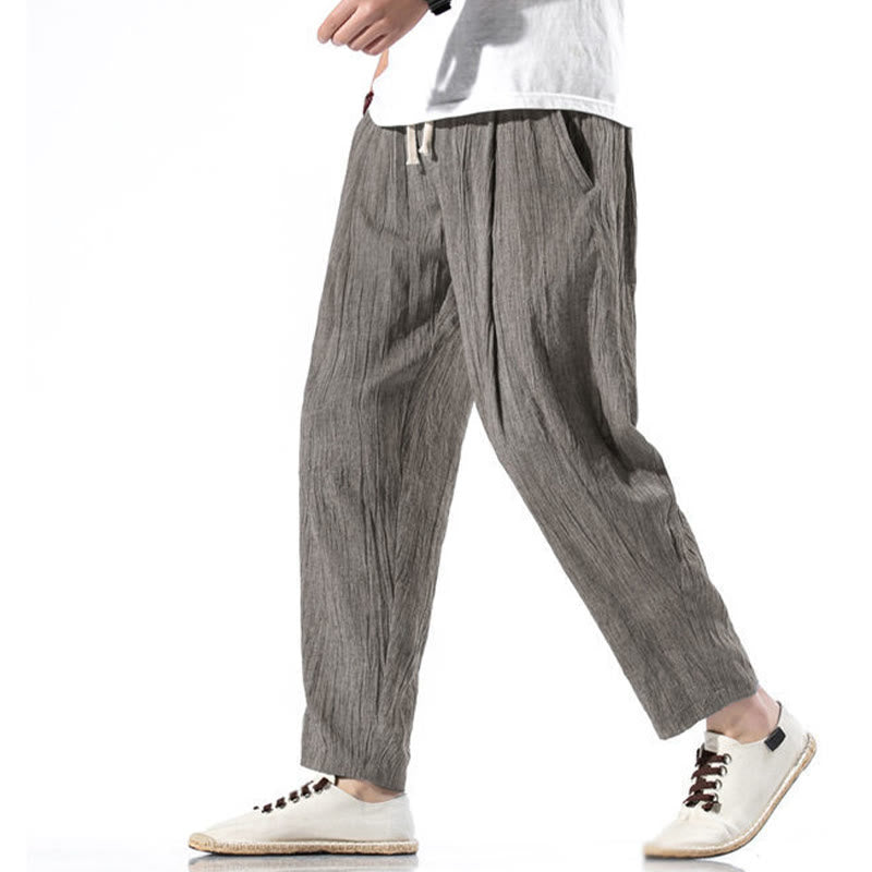 Casual Plain Pleated Design Drawstring Men's Long Cotton Linen Harem Pants With Pockets