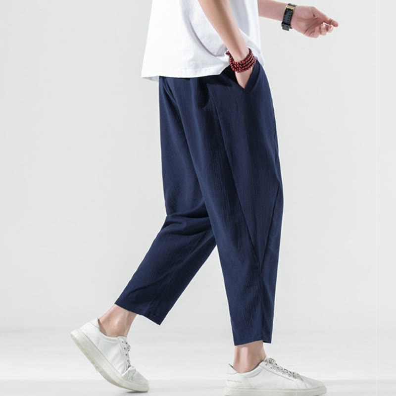 Casual Plain Pleated Design Drawstring Men's Long Cotton Linen Harem Pants With Pockets