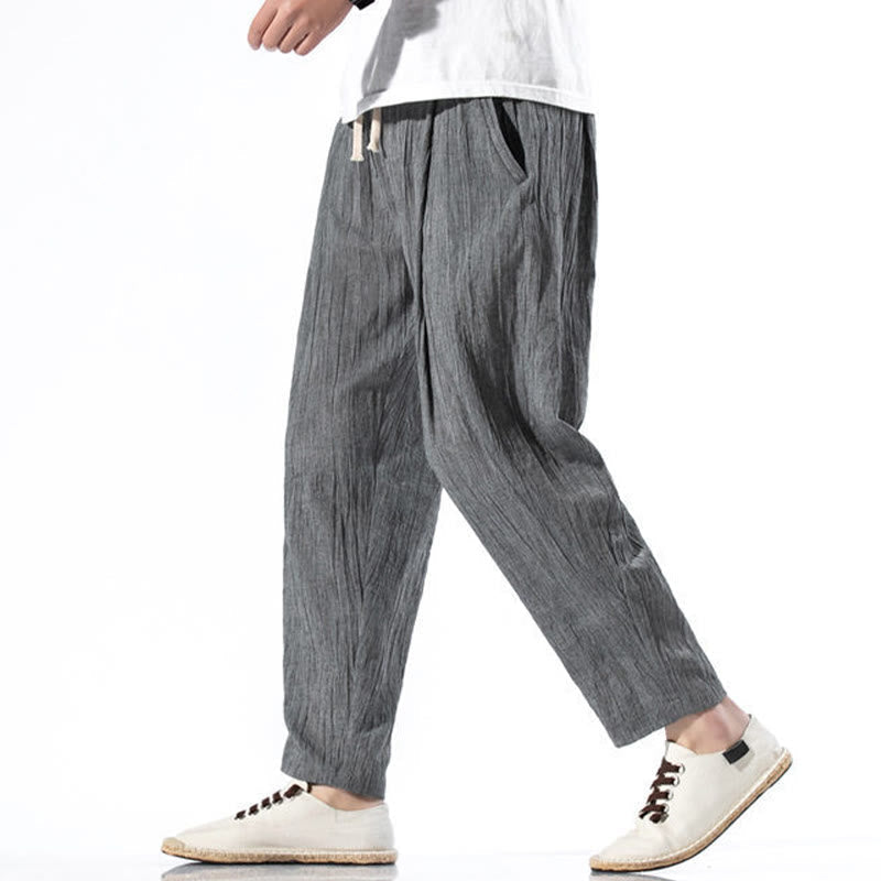 Casual Plain Pleated Design Drawstring Men's Long Cotton Linen Harem Pants With Pockets