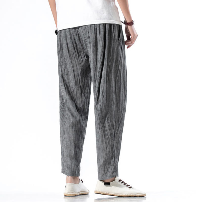 Casual Plain Pleated Design Drawstring Men's Long Cotton Linen Harem Pants With Pockets