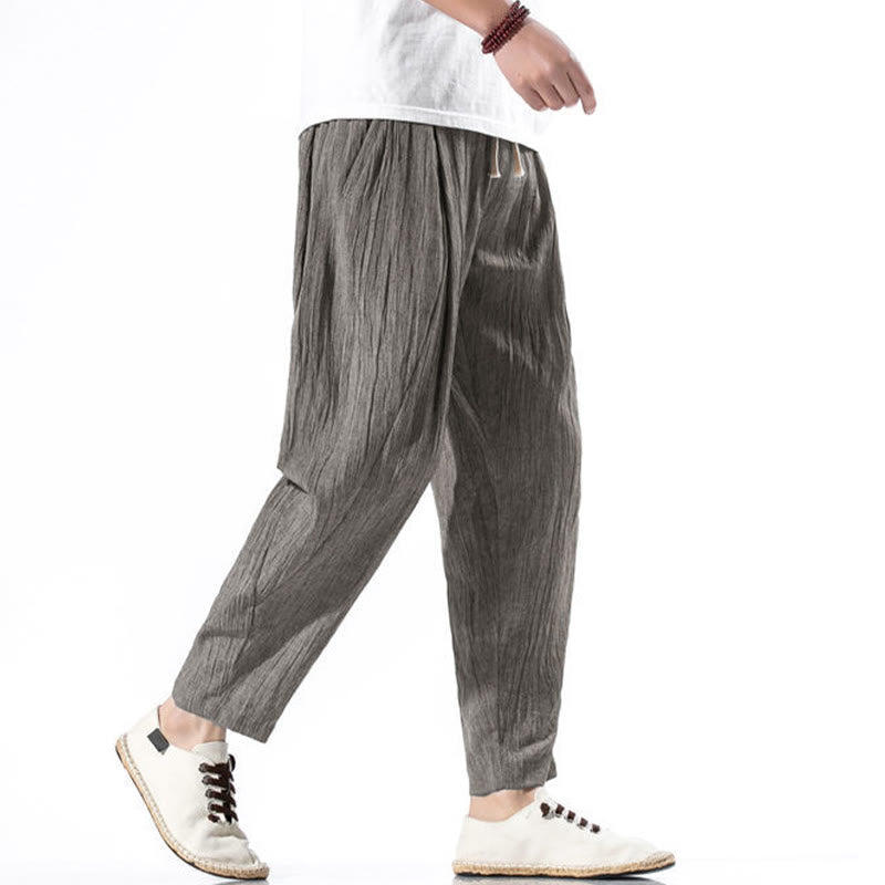 Casual Plain Pleated Design Drawstring Men's Long Cotton Linen Harem Pants With Pockets