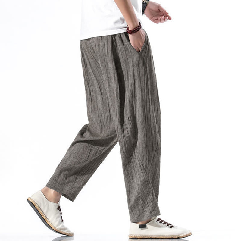 Casual Plain Pleated Design Drawstring Men's Long Cotton Linen Harem Pants With Pockets